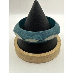 Teal White Wooden Semi Geometric Pattern Curve Bangle Bracelet